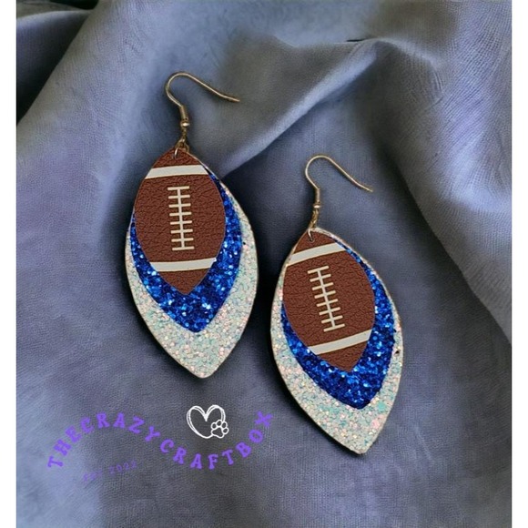 Football Glitter Earrings Blue & White Football Earrings Sports Fan Accessories - Picture 1 of 1
